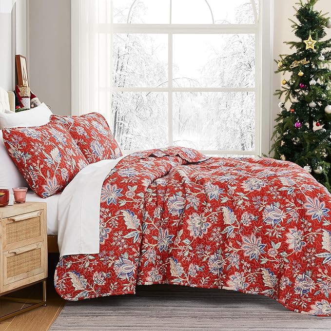 Southshore Fine Living, Inc. Oversized King Quilt Bedding Set, Jacobean Willow Floral Quilt Set with 2 Matching Pillow Shams, Lightweight California King Bed Spread, Soft Microfiber Fabric, Red