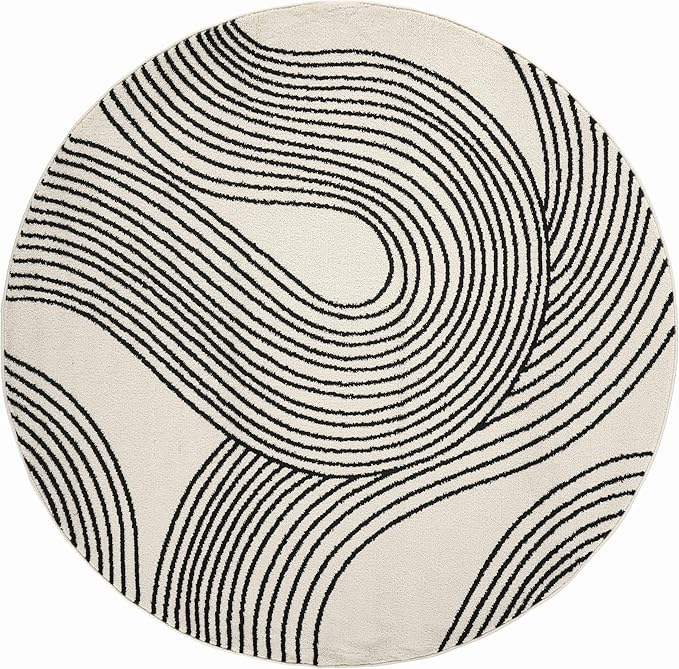 Abani Nuevo Beige Black Swirls Modern Area Rug 6' Round for Living Room, Bedroom - Abstract Design - Durable & Easy to Clean