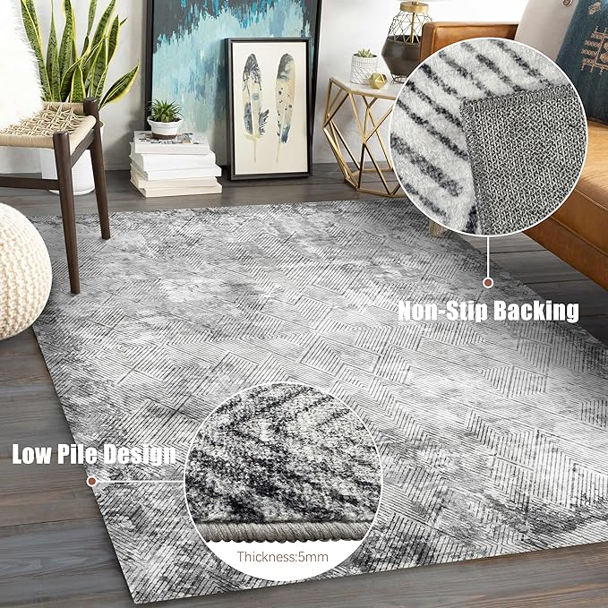 6' x 9' Washable Area Rug - Low Pile Soft Vintage Indoor Rug for Living, Dining or Bedroom - Lightweight Carpet with Non-Slip Backing - Foldable for Easy Placement, Grey