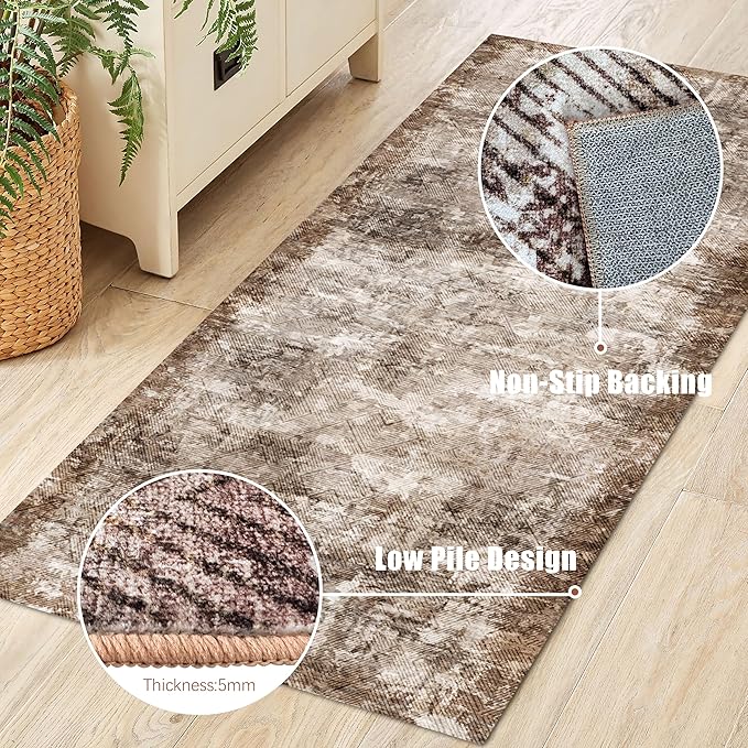 2'6'' x 8' Washable Area Rug - Low Pile Soft Vintage Indoor Rug for Living, Dining or Bedroom - Lightweight Carpet with Non-Slip Backing - Foldable for Easy Placement, Brown