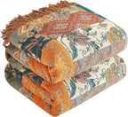 Boho Throw Blanket for Bed 60”x80”, 100% Cotton Woven Blanket for Couch Sofa, Ultra Soft 4-Layer Muslin Quilt with Patchwork Floral Printed, Farmhouse Bed Blanket/Cover for Living Room Decor