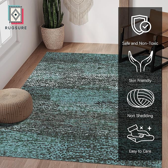 RUGSURE Washable Area Rug - 1/6 Thick - Stain & Water Resistant Non-Slip - Resistant Rug for Living Room, Bedroom, Nursery, Pet & Child Friendly, Vintage Charm Area Rugs (Green, 8' x 10')