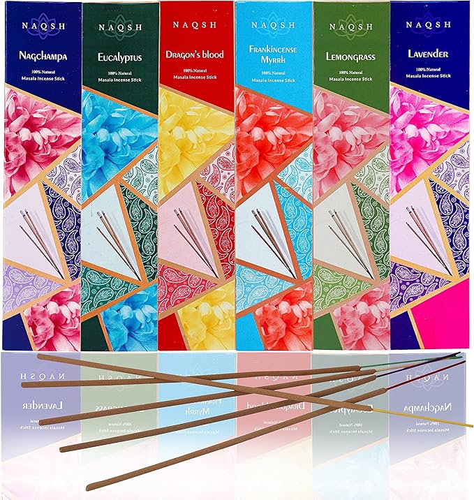 Naqsh Premium Hand Rolled Incense- Assorted 6x20 Mesmerizing Incense Sticks Including Lavender, Dragon's Blood, Frankincense Myrrh, Lemongrass, Eucalyptus, and Nagchampa