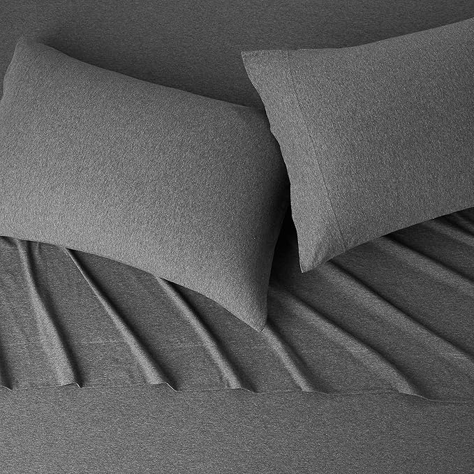 Amazon Basics 4 Piece Bed Sheets Set, 100% Cotton Jersey, Includes Super Soft, Flat and Fitted Sheets, Pillowcase, King, Dark Gray, Solid