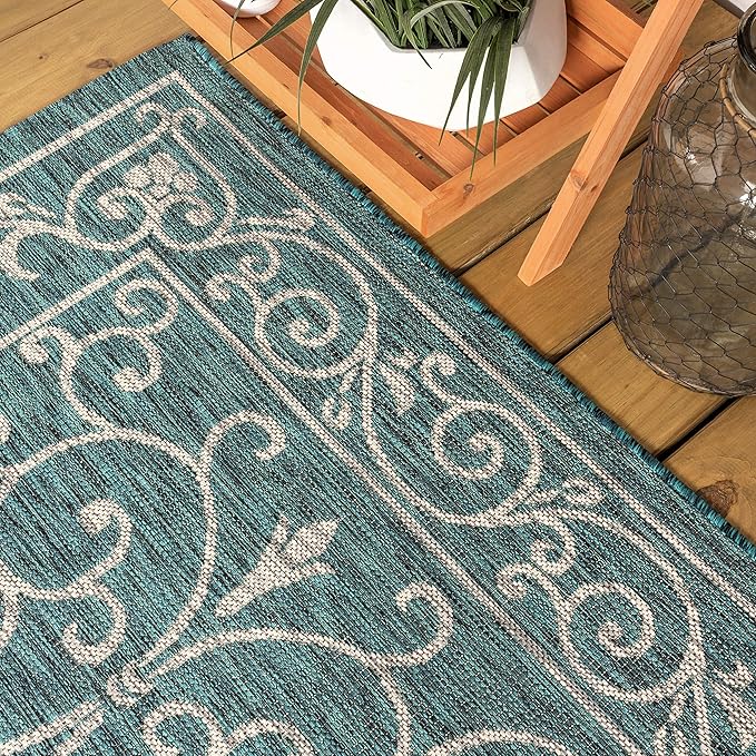 JONATHAN Y Vintage Filigree Indoor Outdoor Runner Rug 2X8 Teal/Gray, Charleston Textured Weave for Backyard, Patio, Porch, Easy-Cleaning, High Traffic, Pet-Friendly, Non-Shedding (SMB106F-28)