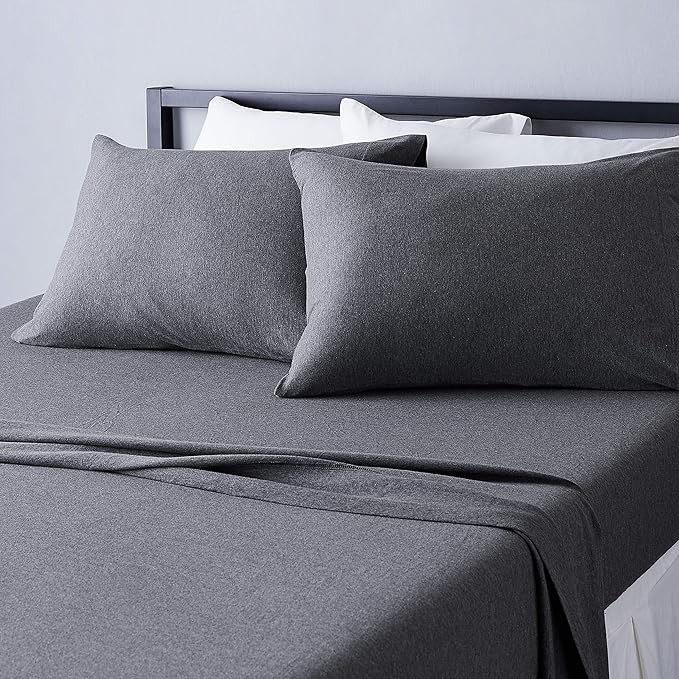 Amazon Basics 4 Piece Bed Sheet Set, 100% Cotton Jersey, Includes Super Soft, Flat and Fitted Sheets, Pillowcase, Queen, Dark Gray, Solid