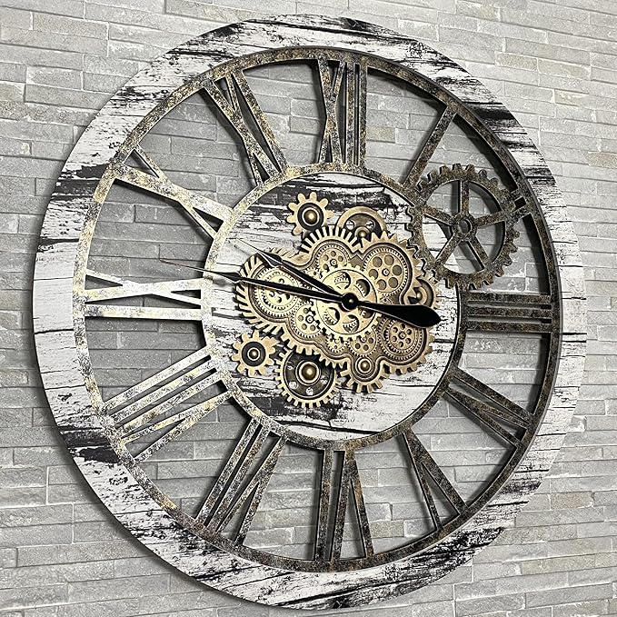 The Gears Clock 36'' Inch Real Moving Gear Wall Clock Vintage Industrial Oversized Rustic Farmhouse (Vintage Grey and White)