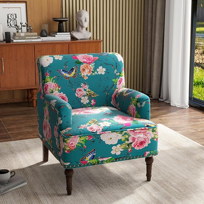 UIXE Floral Accent Chairs Set of 2, Living Room Arm Chair Modern Nailhead Trim Club Armchair, Comfy Upholstered Sofa Lounge Seat Reading Seat Bedroom Side Seating for Home Office