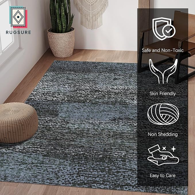 RUGSURE Washable Area Rug - 1/6 Thick - Stain & Water Resistant Non-Slip - Resistant Rug for Living Room, Bedroom, Nursery, Pet & Child Friendly, Vintage Charm Area Rugs (Darkgrey+Bule, 3' x 5 ')
