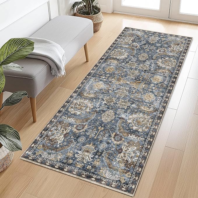 RUGSURE Washable Area Rugs - Perfect for Living Room, Bedroom, Kids Room, Nursery - Stain & Water Resistant Non-Slip, Pet & Child Friendly, Vintage Tribal Area Rugs (Navy, 2'6'' x 8')