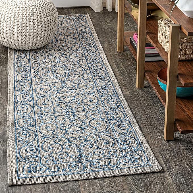 JONATHAN Y Vintage Filigree Indoor Outdoor Runner Rug 2X8 Gray/Navy, Charleston Textured Weave for Backyard, Patio, Porch, Easy-Cleaning, High Traffic, Pet-Friendly, Non-Shedding (SMB106C-28)