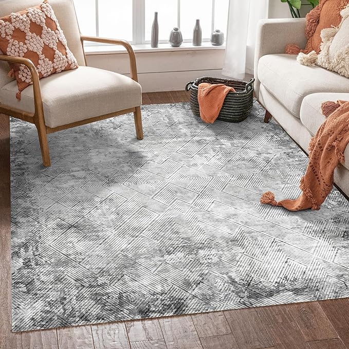 5' x 7' Washable Area Rug - Low Pile Soft Vintage Indoor Rug for Living, Dining or Bedroom - Lightweight Carpet with Non-Slip Backing - Foldable for Easy Placement, Grey