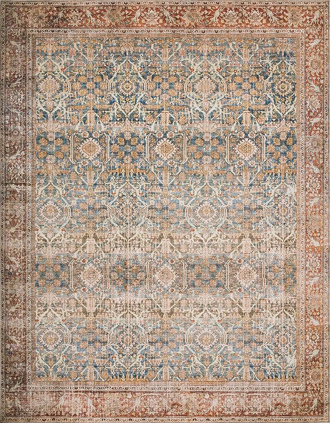 Loloi Layla Collection LAY-04 Ocean/Rust 5'-0" x 7'-6" .13" Thick Area Rug, Soft, Durable, Vintage Inspired, Distressed, Low Pile, Non-Shedding, Easy Clean, Printed, Living Room Rug
