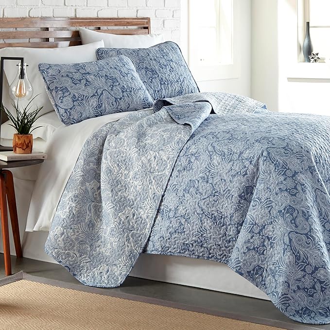 Southshore Fine Living, Inc. Twin XL Quilt Bedding Set, Dorm Bedding Essentials, 2-Sided Reversible, Stain Resistant, Machine Washable Paisley Bedspread, Twin XL Comforter w/Pillow Sham, Paisley Blue