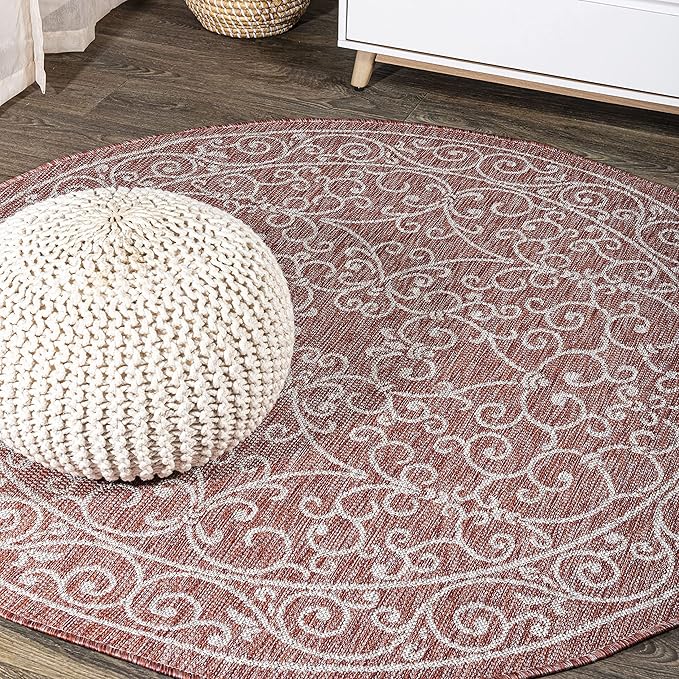 JONATHAN Y Vintage Filigree Indoor Outdoor Round Area Rug 6 Ft Red/Beige, Charleston Textured Weave for Backyard, Patio, Porch, Easy-Cleaning, High Traffic, Pet-Friendly, Non-Shedding (SMB106B-6R)