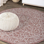 JONATHAN Y Vintage Filigree Indoor Outdoor Round Area Rug 6 Ft Red/Beige, Charleston Textured Weave for Backyard, Patio, Porch, Easy-Cleaning, High Traffic, Pet-Friendly, Non-Shedding (SMB106B-6R)