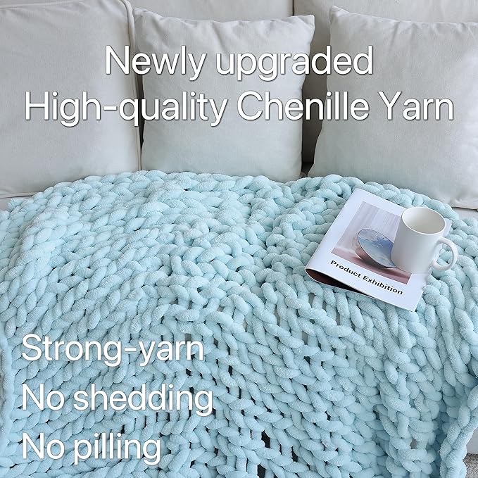 Maetoow Chenille Chunky Knit Blanket Throw （50×60 Inch）, Handmade Warm & Cozy Blanket Couch, Bed, Home Decor, Soft Breathable Fleece Banket, Christmas Thick and Giant Yarn Throws, Baby Blue
