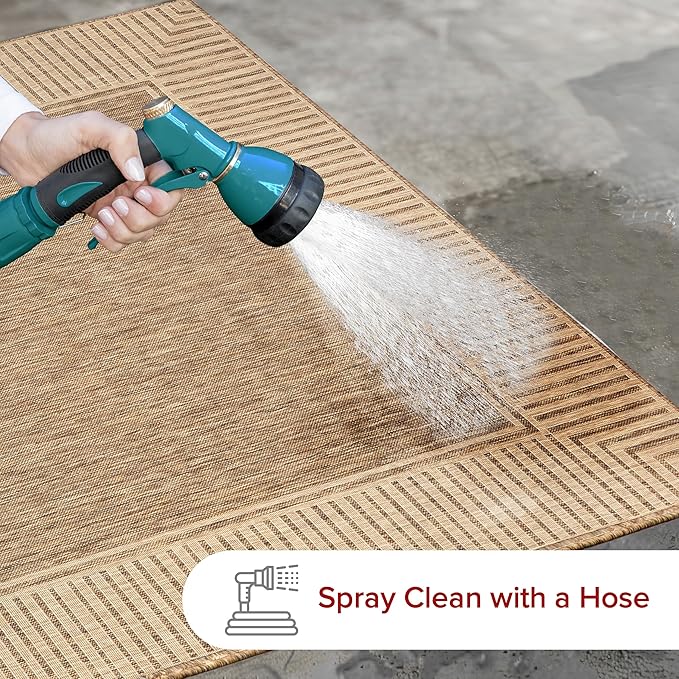 nuLOOM 8' x 10' Outdoor Area Rug, Casual Design With Striped Border, Stain Resistant, Highly Durable, For Patio, Balcony, Bedroom, Living Room, Dining Room, Bathroom, Light Brown