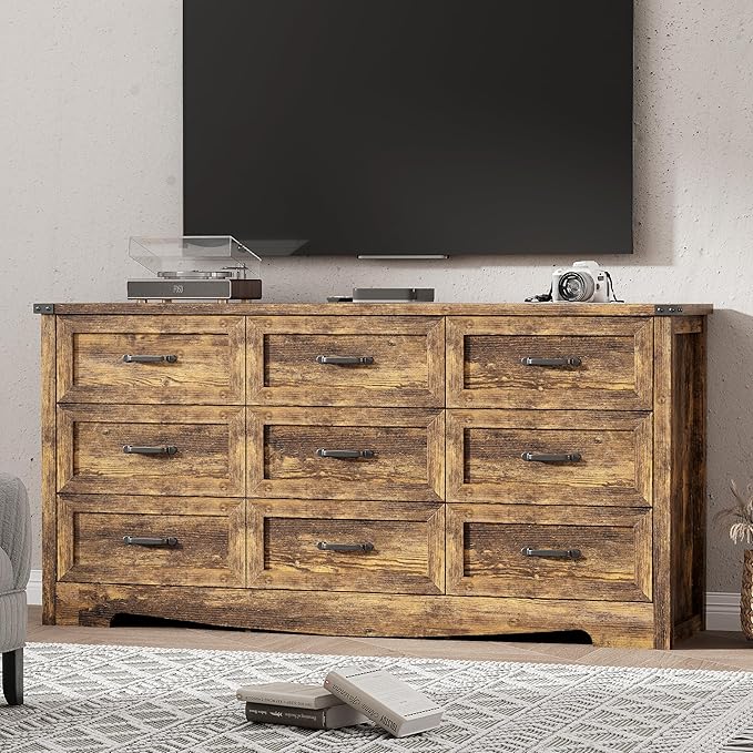 Dresser for Bedroom with 9 Drawers, 59" Wide Wood Chest of Drawers with Deep Drawers & Mental Handle, Modern Dresser TV Stand, Wooden Closet Storage Organizer for Living Room, Hallway, Entryway, Brown
