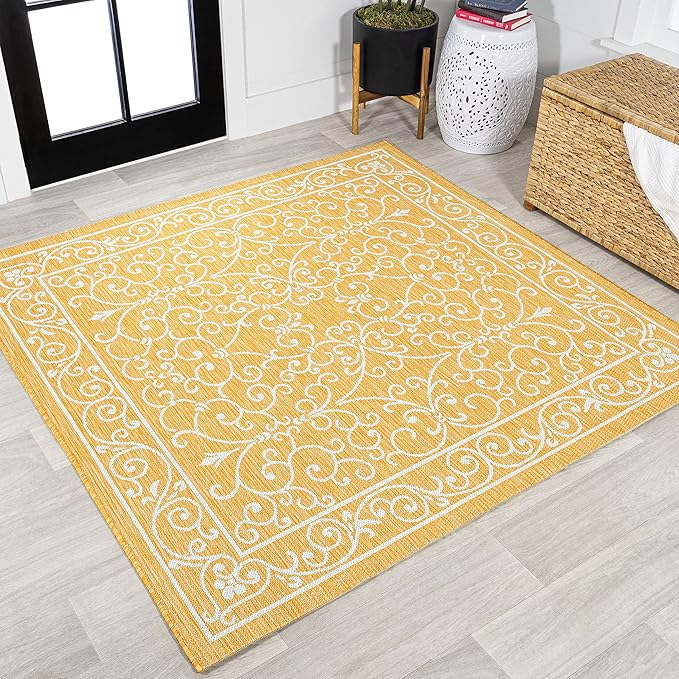 JONATHAN Y Vintage Filigree Indoor Outdoor Square Area Rug 5X5 Yellow/Cream, Charleston Textured Weave for Backyard, Patio, Porch, Easy-Cleaning, High Traffic, Pet-Friendly, Non-Shedding SMB106L-5SQ