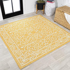 JONATHAN Y Vintage Filigree Indoor Outdoor Square Area Rug 5X5 Yellow/Cream, Charleston Textured Weave for Backyard, Patio, Porch, Easy-Cleaning, High Traffic, Pet-Friendly, Non-Shedding SMB106L-5SQ