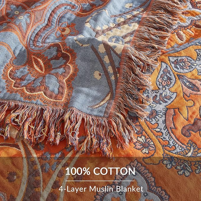 Boho Throw Blanket for Couch Sofa Bed, 100% Cotton Woven Quilt with Tassel 60”x80”, Super Soft Muslin Blanket with Oriental Universe Printed, Decorative Reversible Bed Blanket/Cover for All Seasons