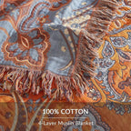 Boho Throw Blanket for Couch Sofa Bed, 100% Cotton Woven Quilt with Tassel 80”x90”, Super Soft Muslin Blanket with Oriental Universe Printed, Decorative Reversible Bed Blanket/Cover for All Seasons