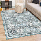 5' x 7' Washable Area Rug - Low Pile Soft Vintage Indoor Rug for Living, Dining or Bedroom - Lightweight Carpet with Non-Slip Backing - Foldable for Easy Placement, Ocean Blue