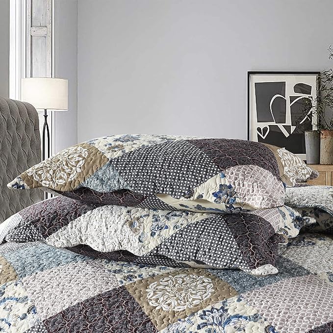 Travan 3-Piece Queen Quilt Set Quilted Bedspread Oversized Microfiber Lightweight Coverlet Set with Shams Reversible Printed Coverlet Bedding Set for All Season, Slate Blue, Queen Size