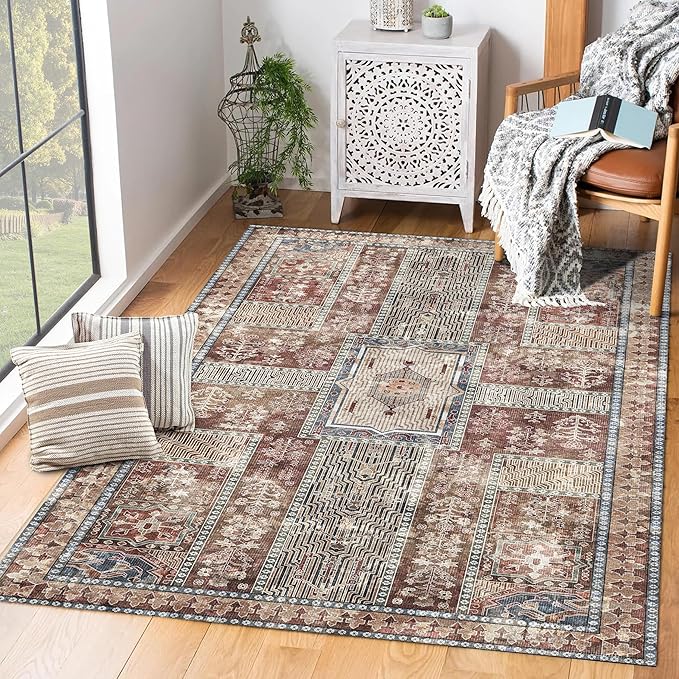 Vintage 5' x 7' Washable Area Rug - Stylish Indoor Rug for Living, Dining or Bedroom - Lightweight Carpet with Non-Slip Backing - Foldable for Easy Placement and Maintenance - Rust