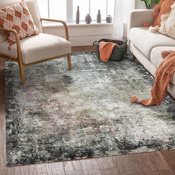 9' x 12' Washable Area Rug - Low Pile Soft Vintage Indoor Rug for Living, Dining or Bedroom - Lightweight Carpet with Non-Slip Backing - Foldable for Easy Placement, Blackish