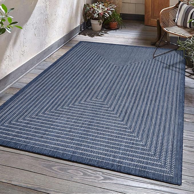 Adiva Rugs Outdoor Indoor Area Rug, Weather Resistant, Easy to Clean, Stain Resistant Floor Mat for Dining Room, Backyard, Deck, Patio (Navy Weiss, 8' x 10')