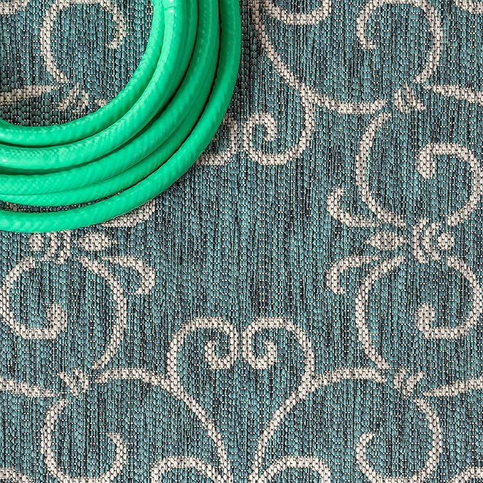 JONATHAN Y Vintage Filigree Indoor Outdoor Runner Rug 2X10 Teal/Gray, Charleston Textured Weave for Backyard, Patio, Porch, Easy-Cleaning, High Traffic, Pet-Friendly, Non-Shedding (SMB106F-210)