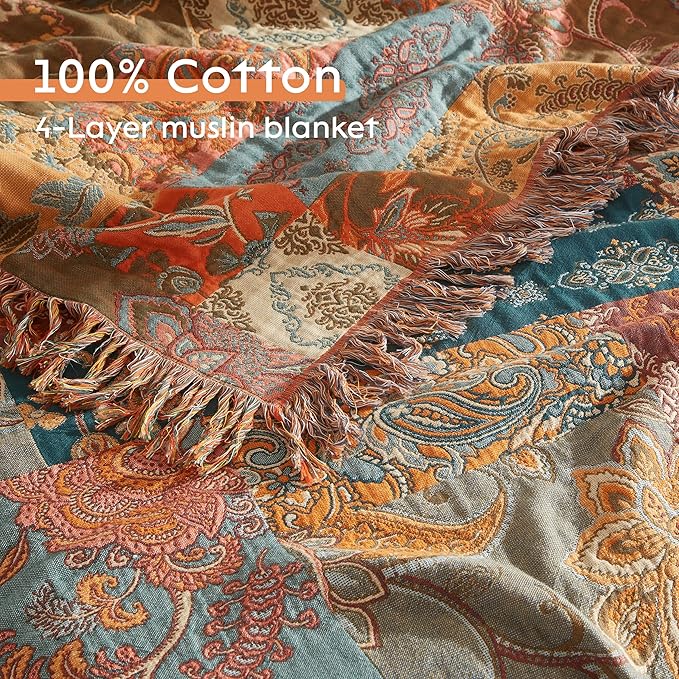 Boho Throw Blanket for Bed 90”x98”, 100% Cotton Woven Blanket for Couch Sofa, Ultra Soft 4-Layer Muslin Quilt with Patchwork Floral Printed, Farmhouse Bed Blanket/Cover for Living Room Decor