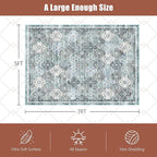 8' x 10' Washable Area Rug - Low Pile Soft Vintage Indoor Rug for Living, Dining or Bedroom - Lightweight Carpet with Non-Slip Backing - Foldable for Easy Placement, Ocean Blue