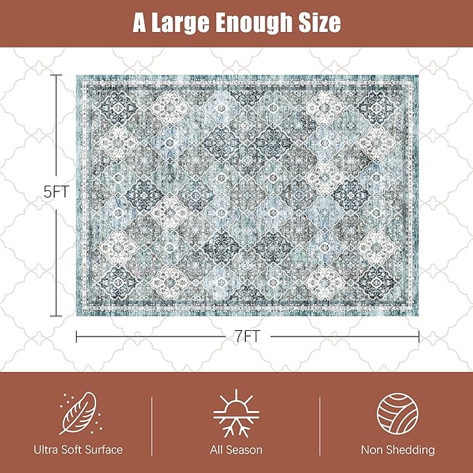 6' x 9' Washable Area Rug - Low Pile Soft Vintage Indoor Rug for Living, Dining or Bedroom - Lightweight Carpet with Non-Slip Backing - Foldable for Easy Placement, Ocean Blue