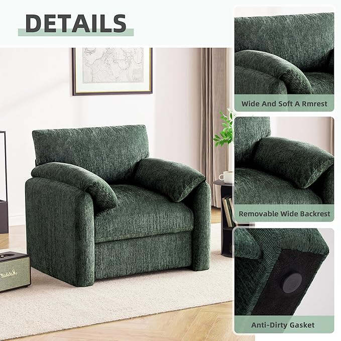 Chenille Oversized Armchair, 38.6" Wide Accent Chairs for Living Room & Bedroom Modern Lounge Chair, Upholstered Mid-Century Reading Chair, Comfy Living Room Chair, Single Sofa Chair, Green