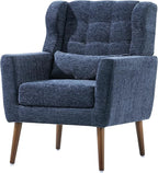 Accent Chair, Comfy Upholstered Living Room Chairs with High Tufted Backrest and Pillow, Wingback Reading Chair with Solid Wood Legs for Bedroom/Office, Chenille Fabric, Dark Blue