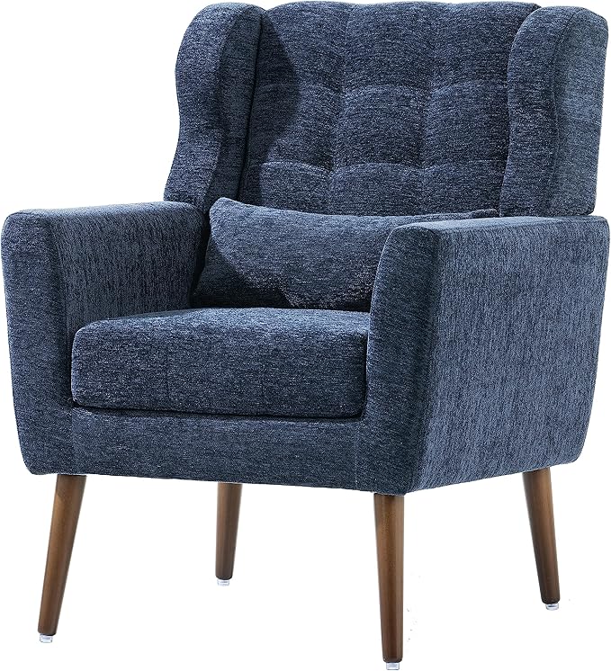 Accent Chair, Comfy Upholstered Living Room Chairs with High Tufted Backrest and Pillow, Wingback Reading Chair with Solid Wood Legs for Bedroom/Office, Chenille Fabric, Dark Blue