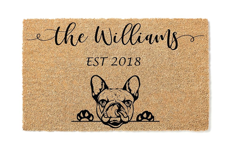 French Bulldog Coconut Coir Personalized Doormat, Frenchie Custom Welcome Mat, Housewarming Gift, Last Name Door Mat, Closing Gift, Dog Lover Entryway Rug 1172