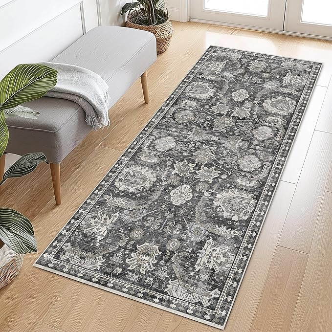 RUGSURE Washable Area Rugs - Perfect for Living Room, Bedroom, Kids Room, Nursery - Stain & Water Resistant Non-Slip, Pet & Child Friendly, Vintage Tribal Area Rugs (Grey, 2'6'' x 8')