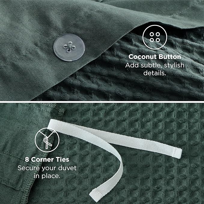 Bedsure Cotton Duvet Cover Queen - 100% Cotton Waffle Weave Forest Green Duvet Cover Queen Size, GentleSoft™ and Breathable Bedding Set for All Season, 3 Pieces, 90"x90"