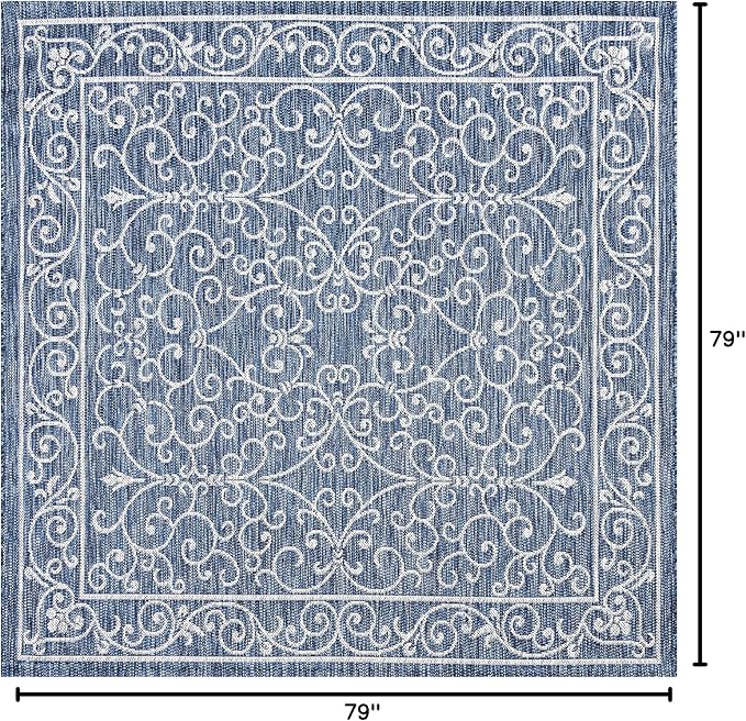 JONATHAN Y Vintage Filigree Indoor Outdoor Square Area Rug 6X6 Navy/Gray, Charleston Textured Weave for Backyard, Patio, Porch, Easy-Cleaning, High Traffic, Pet-Friendly, Non-Shedding (SMB106D-6SQ)
