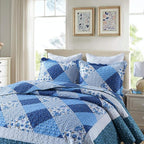 Travan Bedspread Quilt Sets 3-Piece Lightweight Coverlet Set with Shams Reversible Quilted Bedding Set, Blue Floral Patchwork, King Size