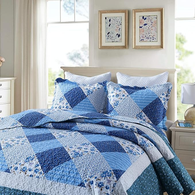 Travan Bedspread Quilt Sets 3-Piece Lightweight Coverlet Set with Shams Reversible Quilted Bedding Set, Blue Floral Patchwork, Queen Size