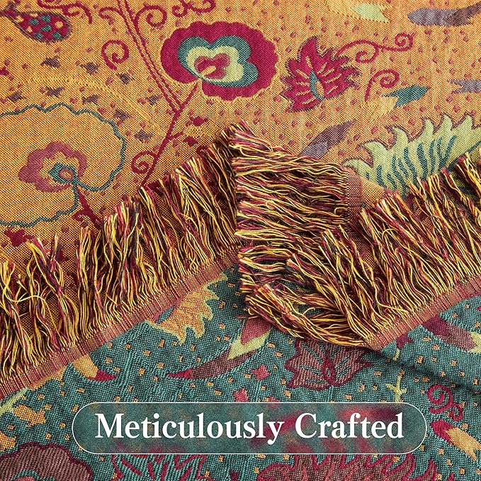 Boho Throw Blanket Queen Size, Oversized Soft Cozy Cotton Muslin Quilt Blanket for Bed Decor, Floral Patterned Couch Sofa Chair Cover, Vintage Farmhouse Cottage Woven Blanket, Green&Orange