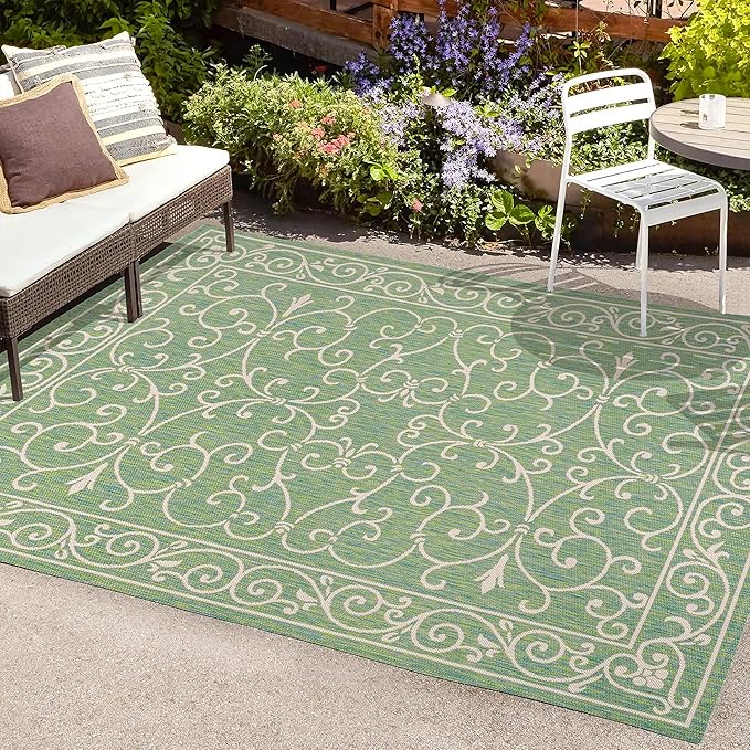 JONATHAN Y Vintage Filigree Indoor Outdoor Area Rug 3X5 Green/Ivory, Charleston Textured Weave for Backyard, Patio, Porch, Easy-Cleaning, High Traffic, Pet-Friendly, Non-Shedding (SMB106K-3)
