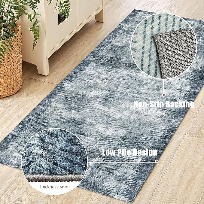 2'6'' x 8' Washable Area Rug - Low Pile Soft Vintage Indoor Rug for Living, Dining or Bedroom - Lightweight Carpet with Non-Slip Backing - Foldable for Easy Placement, Blue