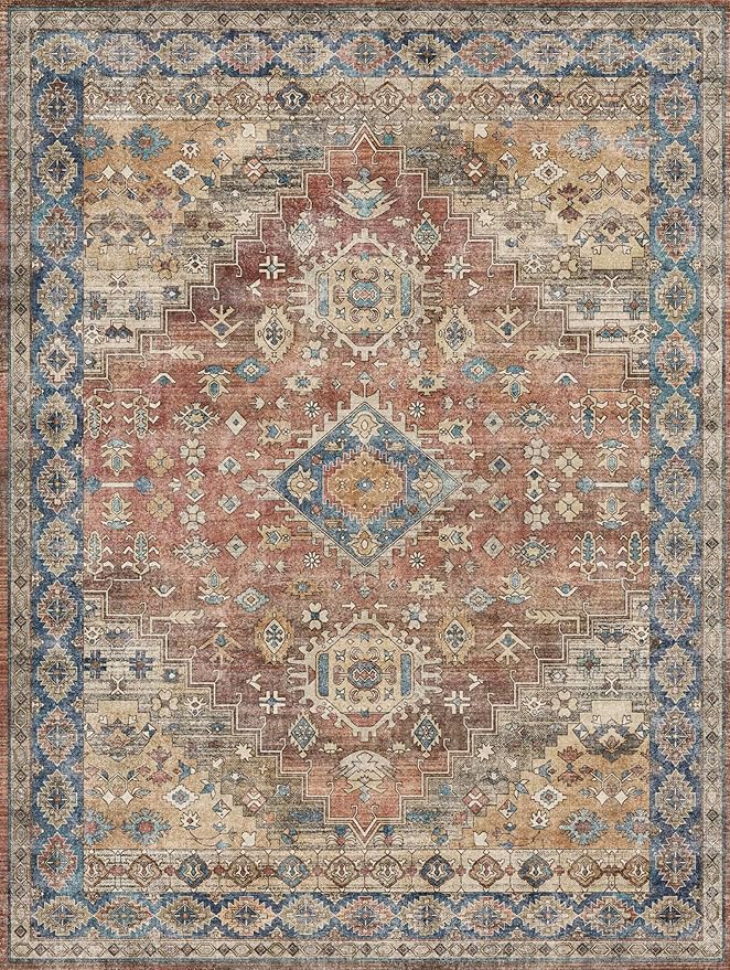 GENIMO 9x12 Area Rugs for Living Room, Machine Washable Non Slip Vintage Rugs, Low Pile Lightweight Chenille Print Rug for Bedroom, Dining Room, Home Office, Antique Red