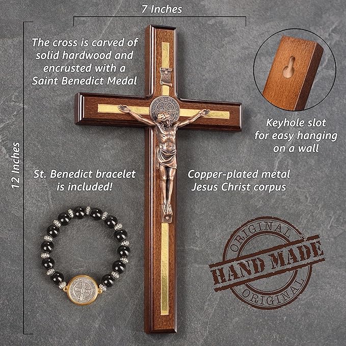 Asterom St Benedict Crucifix Wall Cross - Handmade Saint Benedict Wood Cross Wall Decor - Catholic Crucifix - 12 Inch